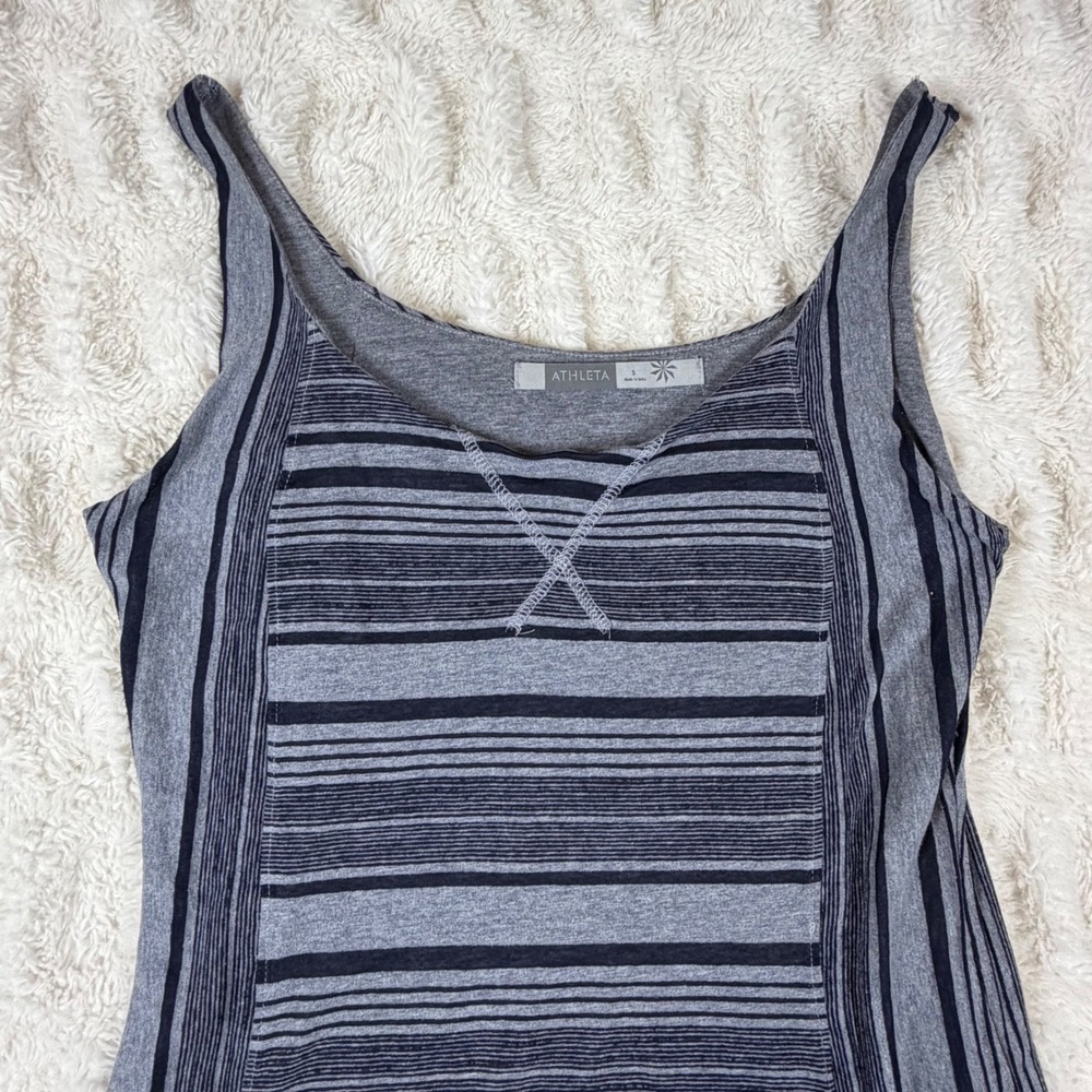 Athleta Breeze Dress Gray Navy Striped Sleeveless Tank Pockets 553299 Small
